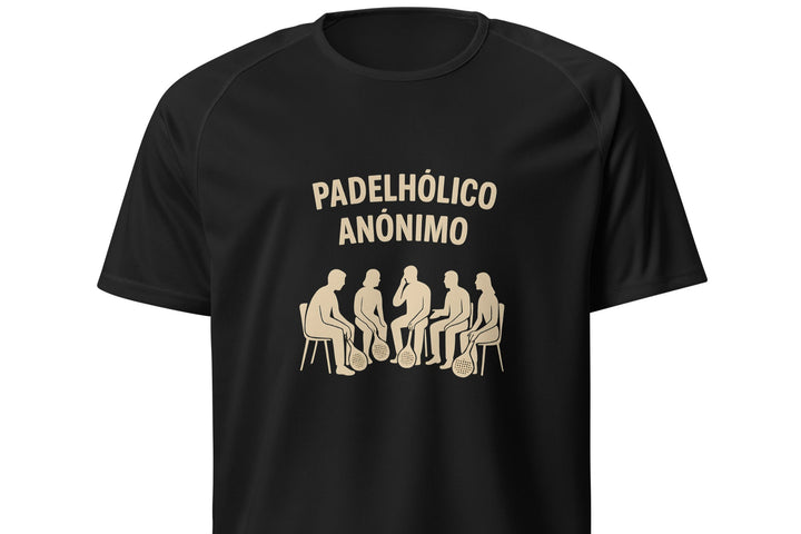 Design com a frase “Padelhólico Anónimo” e ilustração de grupo em círculo com raquetes, em estilo minimalista sobre fundo preto.