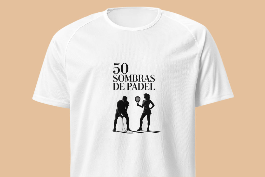 Design com a frase “50 Sombras de Padel” e ilustração de duas silhuetas de jogadores em estilo sensual e misterioso, a preto e branco.