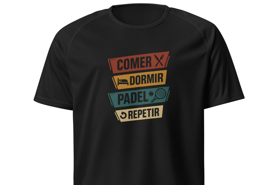 Design com as palavras “Comer. Dormir. Padel. Repetir.” em blocos coloridos com ícones correspondentes sobre fundo preto.