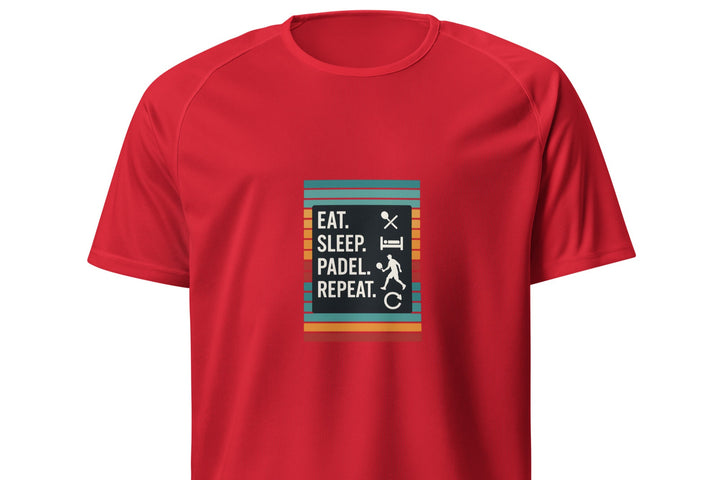 Design com fundo colorido e a frase "Eat. Sleep. Padel. Repeat." acompanhada de ícones.