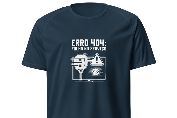 Design a preto e branco com raquete de padel, bola e símbolo de aviso num ecrã, com a frase “Erro 404: Falha no Serviço”.

