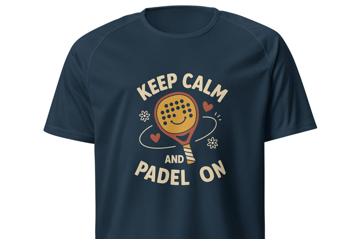 Design com a frase “Keep Calm and Padel On”, raquete sorridente e elementos decorativos como corações e flores.