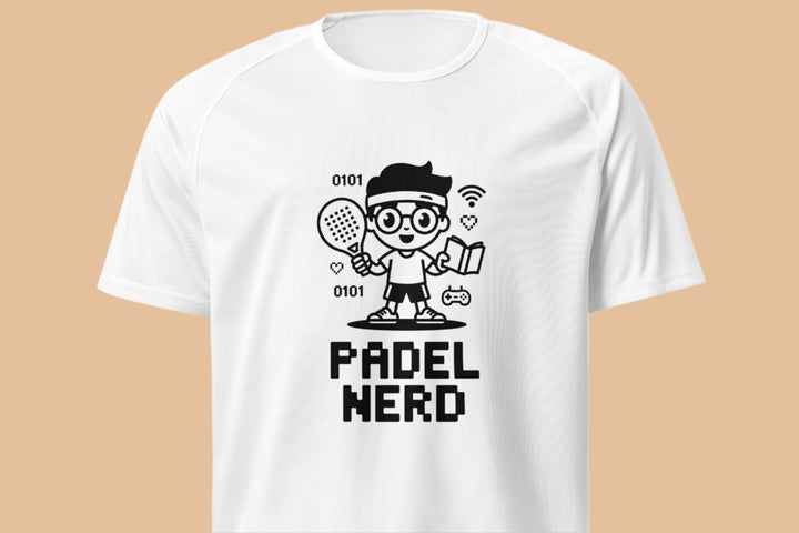 Ilustração de um rapaz estilo cartoon com óculos, raquete, livro e elementos geek à volta. Texto “Padel Nerd” em letras com estilo digital.

