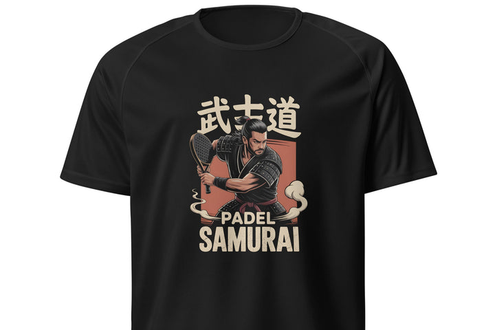 Design com a frase “Padel Samurai” e ilustração de guerreiro samurai com raquete de padel, fundo com caracteres japoneses.