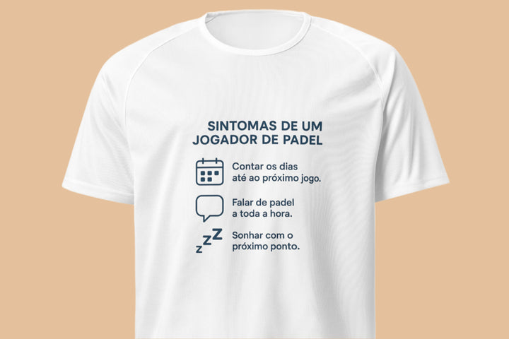 Design minimalista com ícones e texto: “Sintomas de um Jogador de Padel”, seguido por três frases sobre vício pelo jogo.

